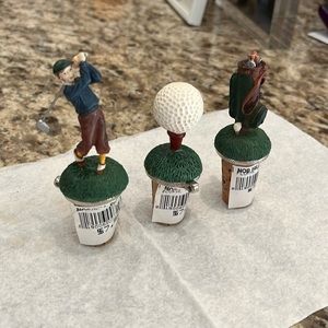 Golf Wine bottle stoppers: golfer, golf ball, golf bag-new never used with tags